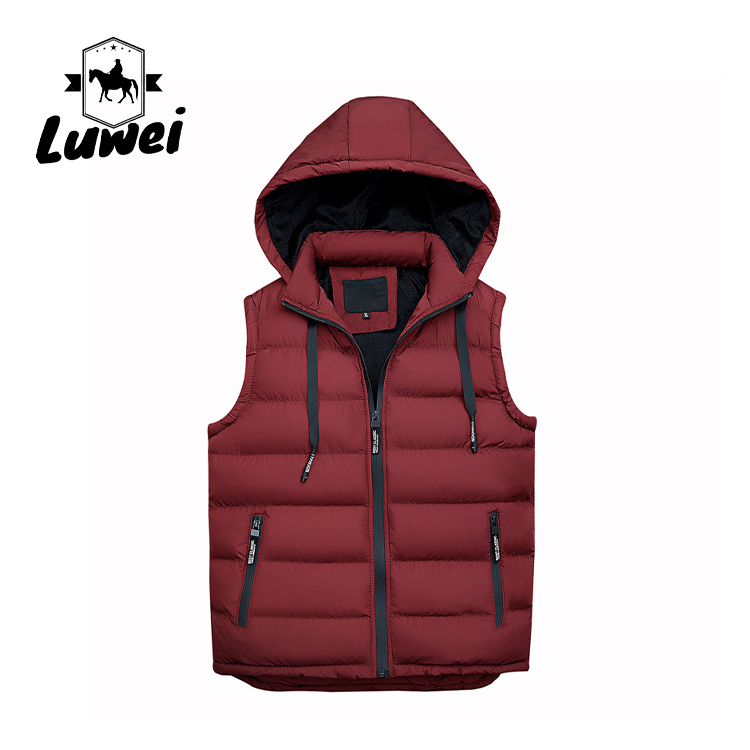 Winter Black Polyester Cotton Thick Hooded Utility Slim Fit Sleeveless Man Cotton Quilted Waistcoat Vest