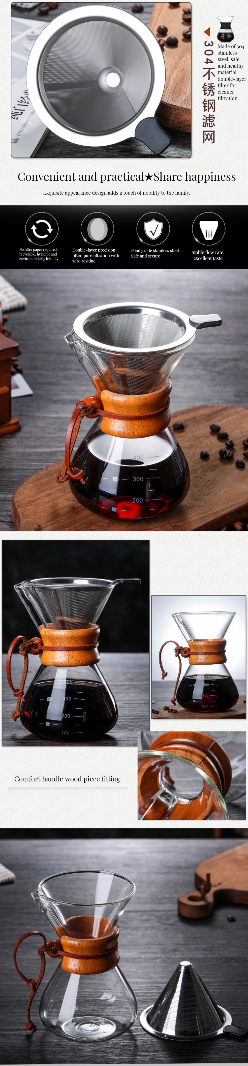 Customized Logo Double Wall Borosilicate Glass Coffee Maker for Unusual Heat Resistant