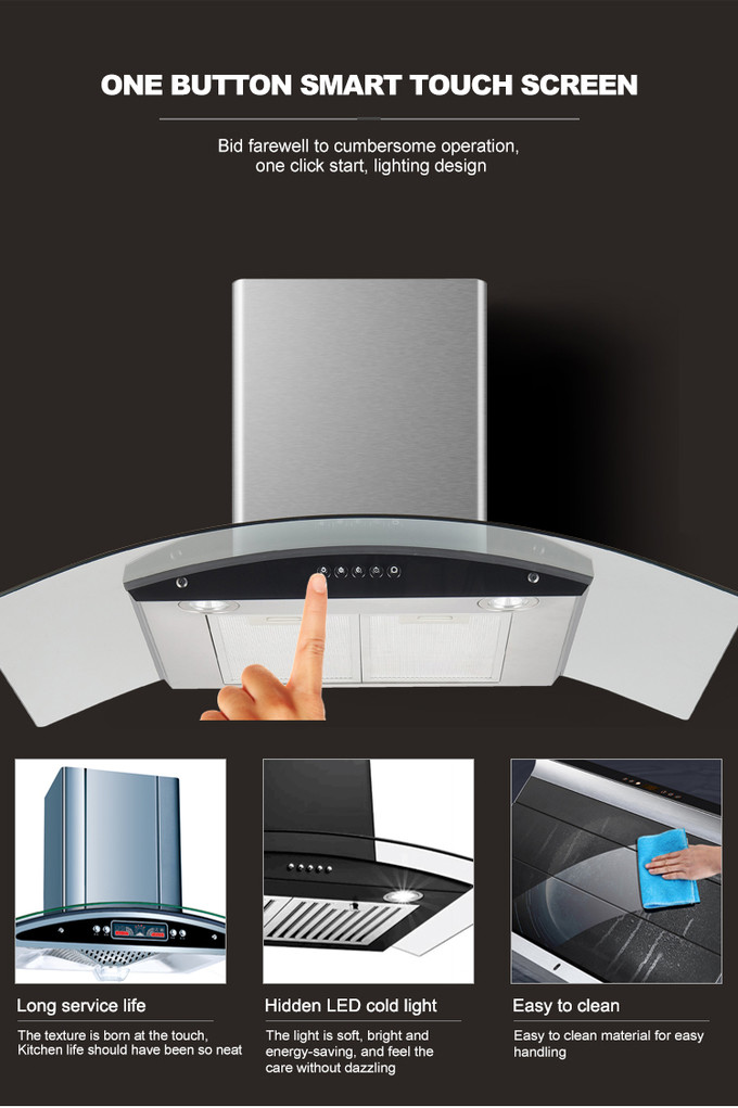 Modern Wall Mount Glass Chimney Hood with LED Lighting Aluminium or Baffle Filter Silver Model A9