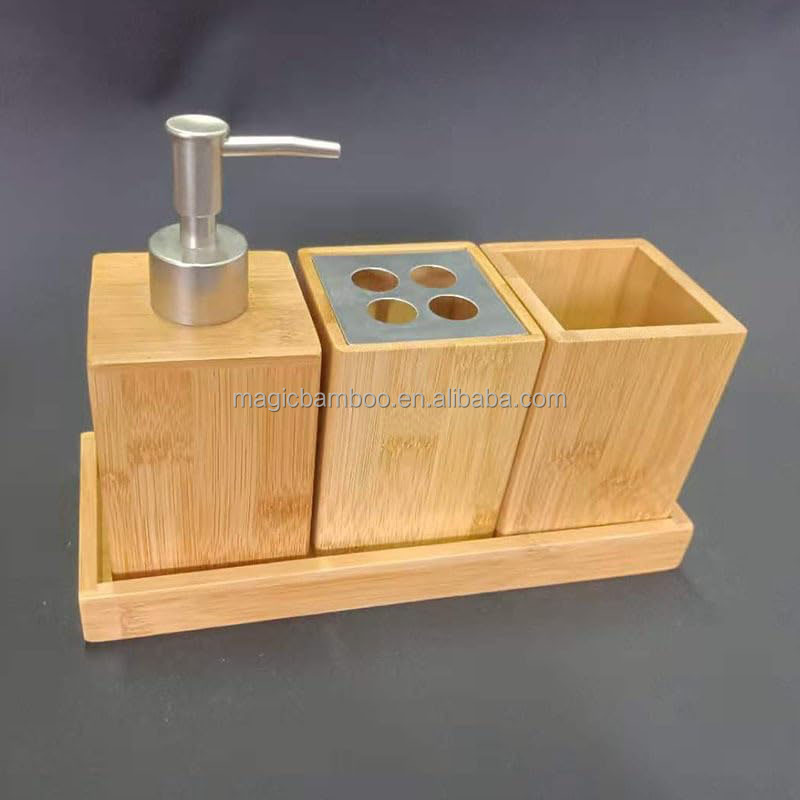 100% Natural Bamboo Sustainable Toothbrush Holder Cup Soap Dispenser Bath Set