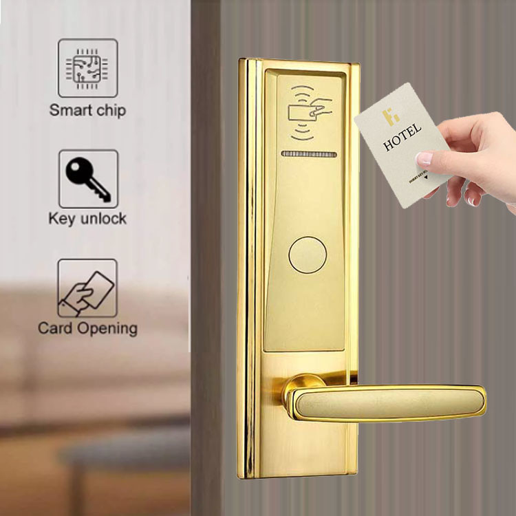 Gold 280mm Keyless Entry Door Lock 6V Guesthouse Rfid Card Door Lock