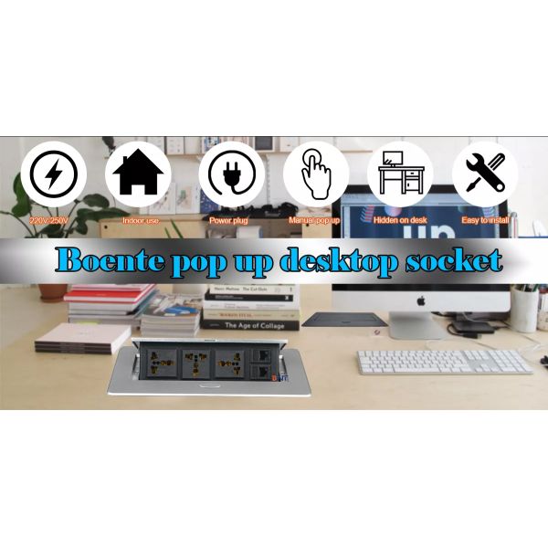 Multi-Functional Zinc Alloy/Iron Office Desktop Tabletop Socket Pop-up Power Socket 2 RJ45 Plug 3 AC Outlets 5A Rated Current