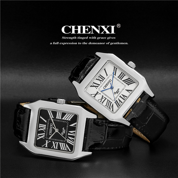 Tank Shape Unique Design Wristwatches Man Roma Numbers Stainless Steel Case Leather Watch