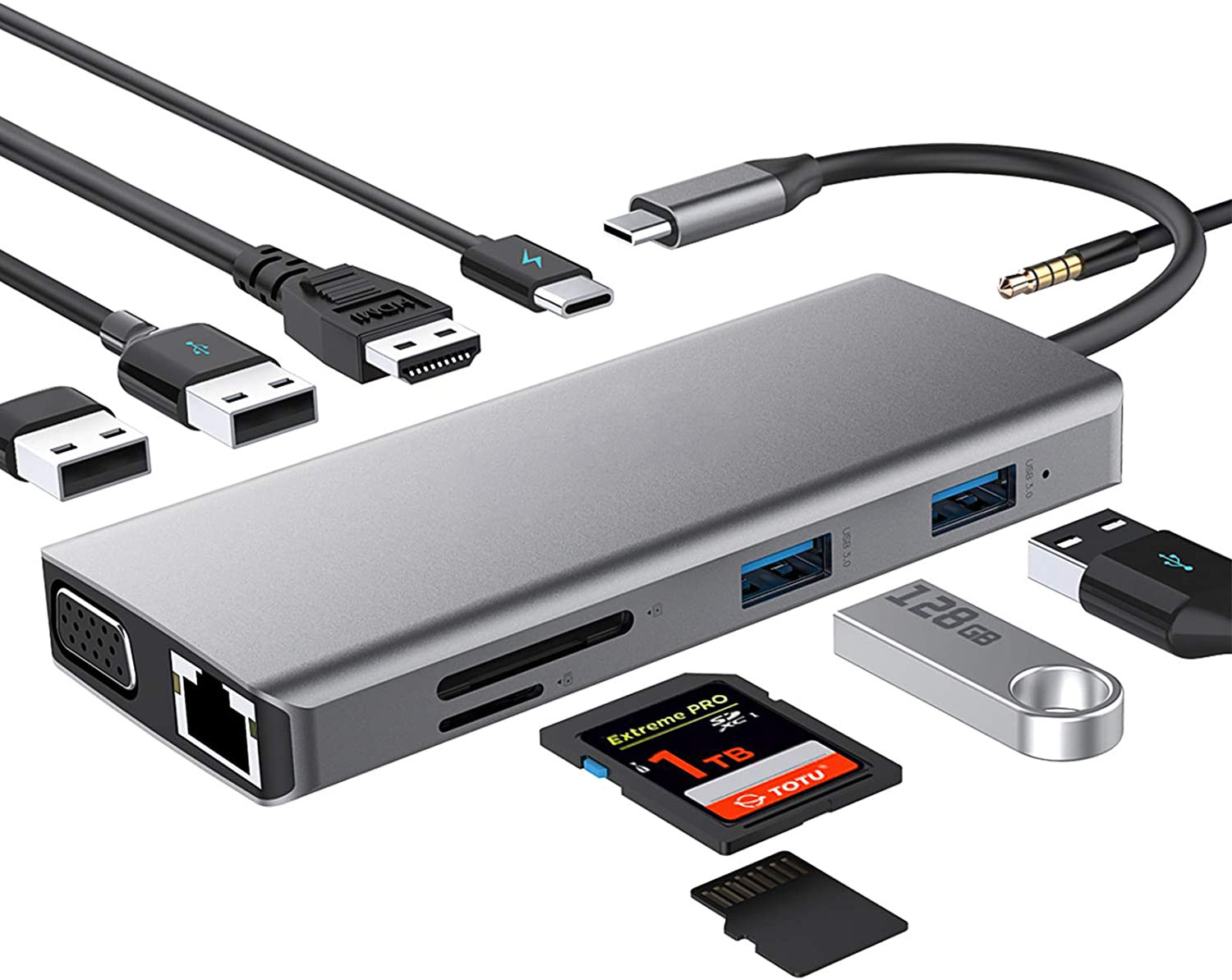 TYPE-C Male 11 In 1 Hub Computer Laptop Docking Station Adapter with 1000Mbps RJ45 and USB-C PD