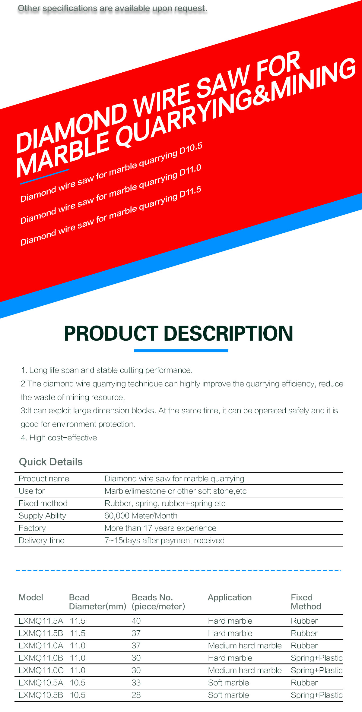Long Lifespan Diamond Metal Powder Wire Saw Cutting for Quarry Block Profiling Medium Hard