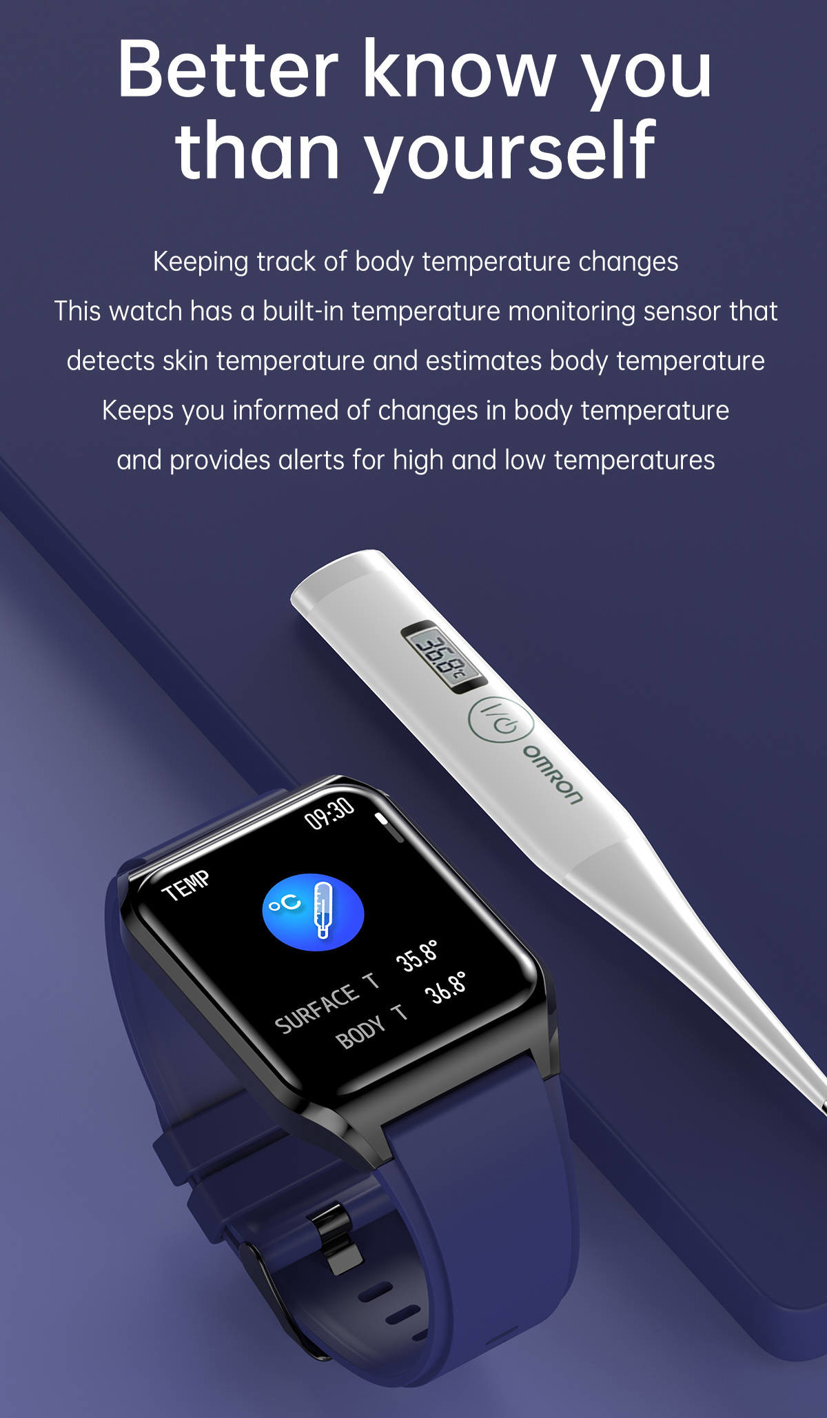 Square Screen Bluetooth Smart Watch Body Temperature Blood Pressure Monitoring