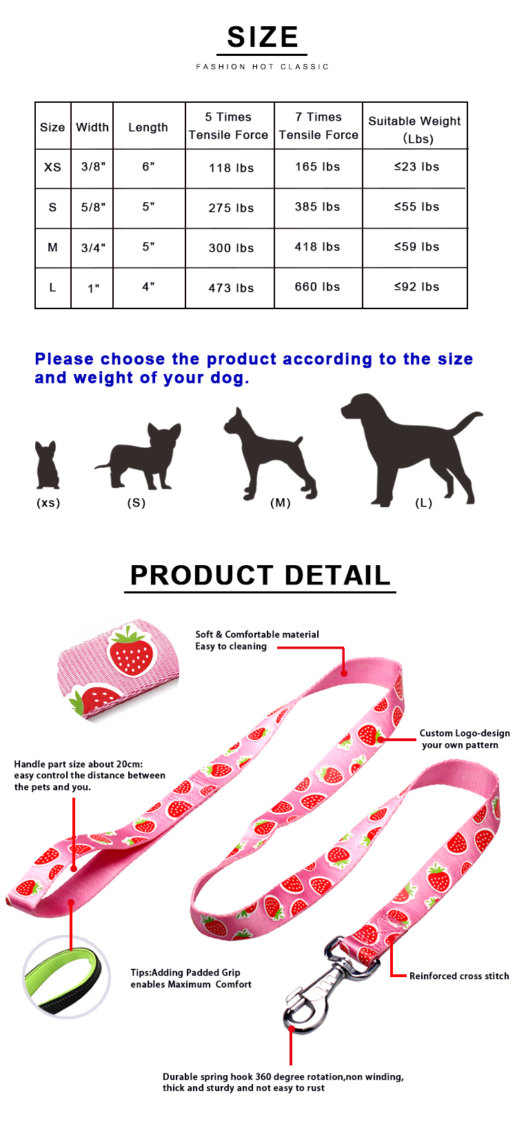 OEM training dog leash Silk Screen Pattern dog training lead