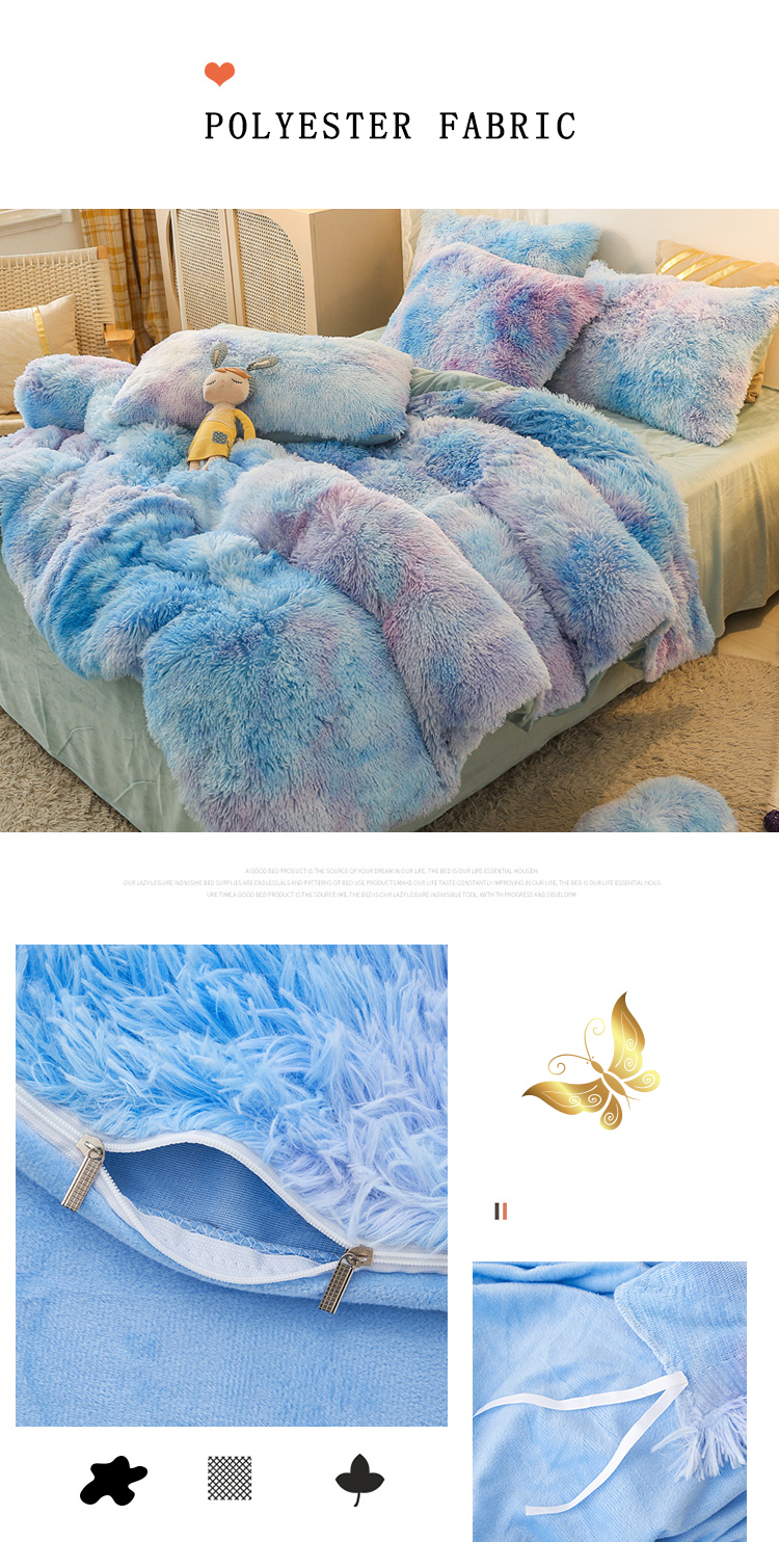 Blue Tie Dye Gradient Shaggy Warm Mink Velvet Duvet Bedding Set for Winter 500TC Gifts