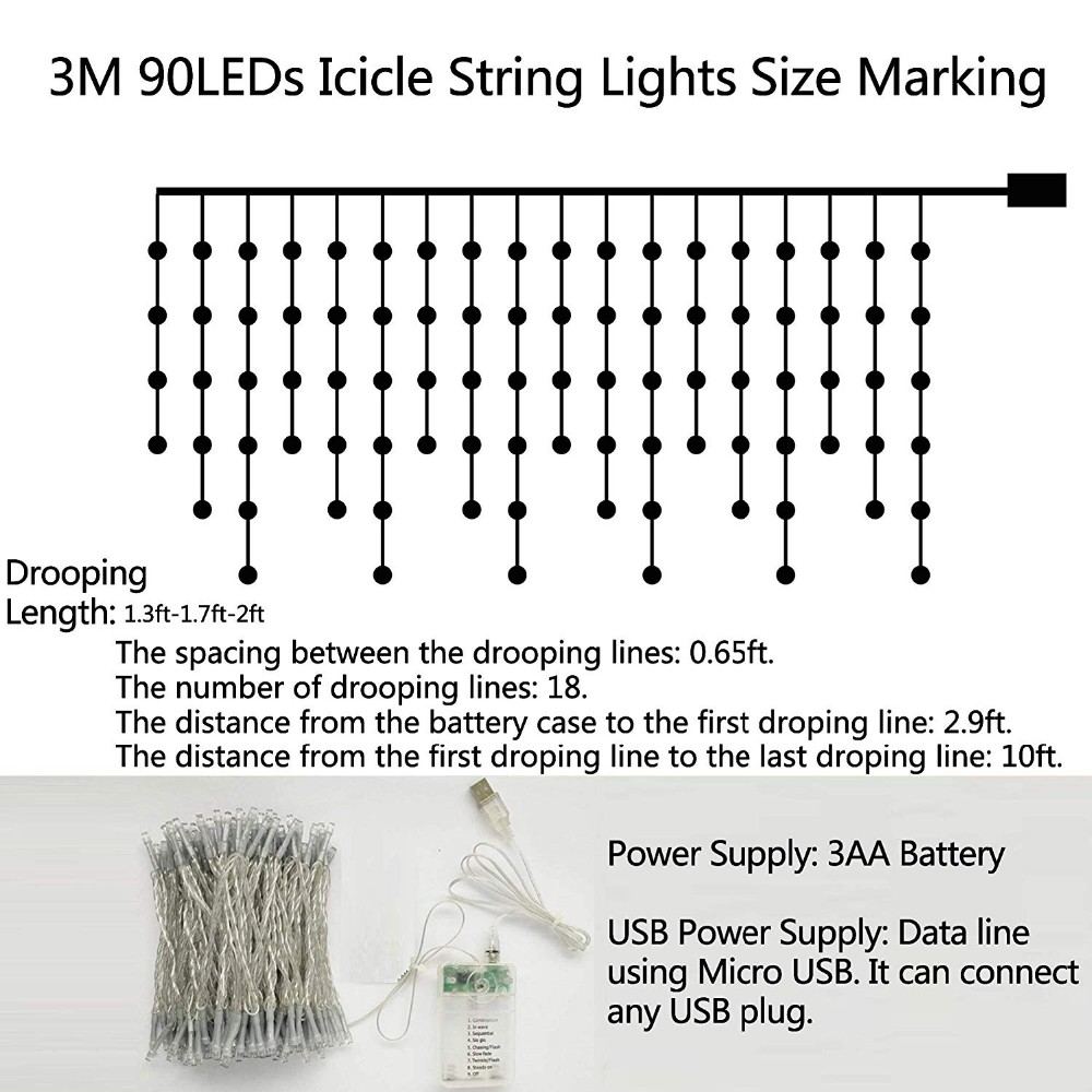 96 LED Curtain Icicle Lights 3m For Christmas Decoration