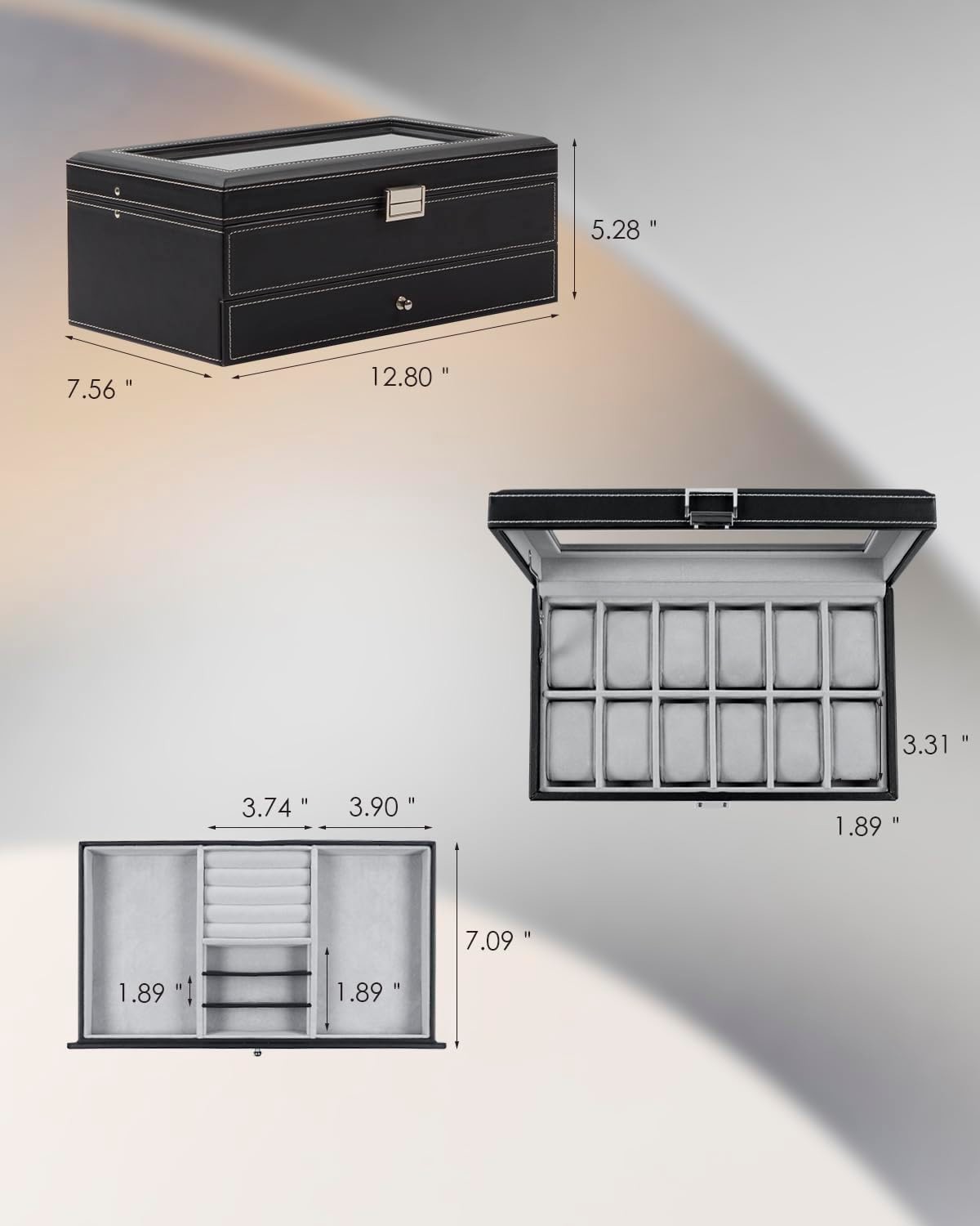 GUKA Watch Box 12 Slot Watch Display Organizer Leather Jewelry Case Drawer Glass Birthday for Men Women, Child Husband