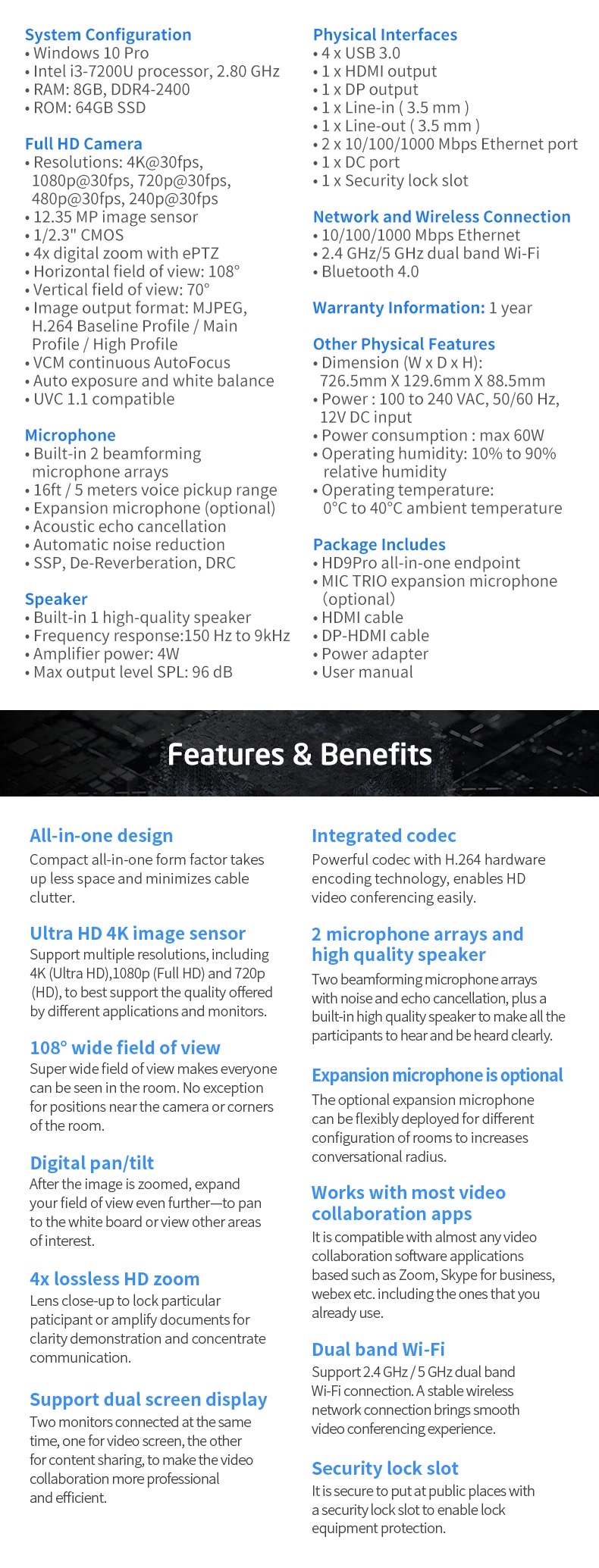 Windows video conferencing endpoint OEM/ ODM acceptable Conference camera 4k resolution microphone speaker functions