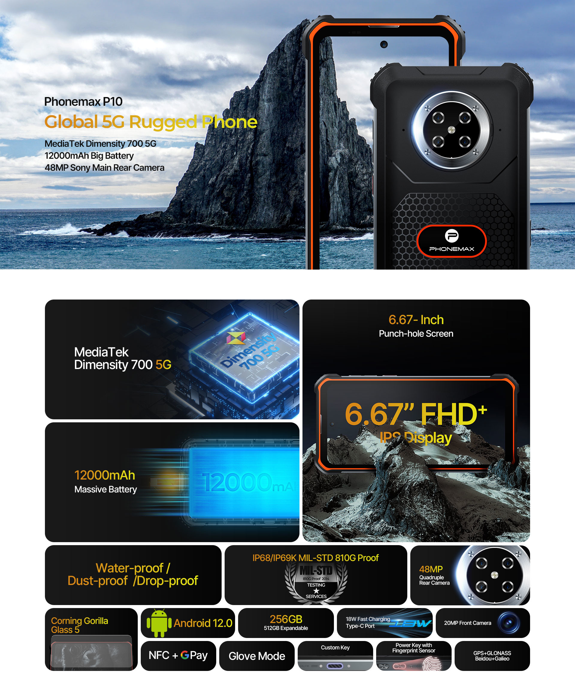 Small Rugged Waterproof Phone 6.67 Inch FHD Screen