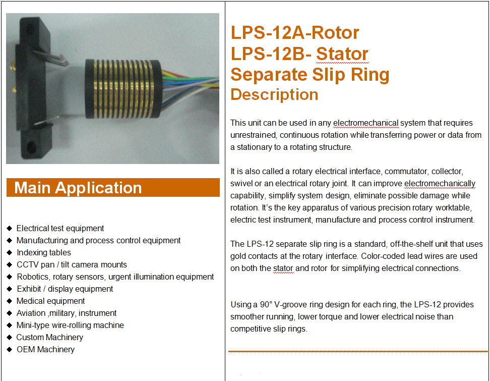12 Circuits Separate Slip Ring Gold to Gold Contact 250mm