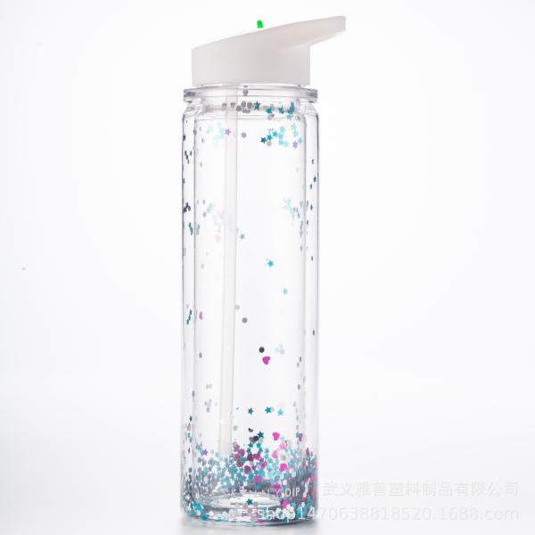 Double-layer Sequined Handle Water Bottle, Portable Sports Water Bottle With Middle Layer For Inserting RAS Water Bottle GRS Certified