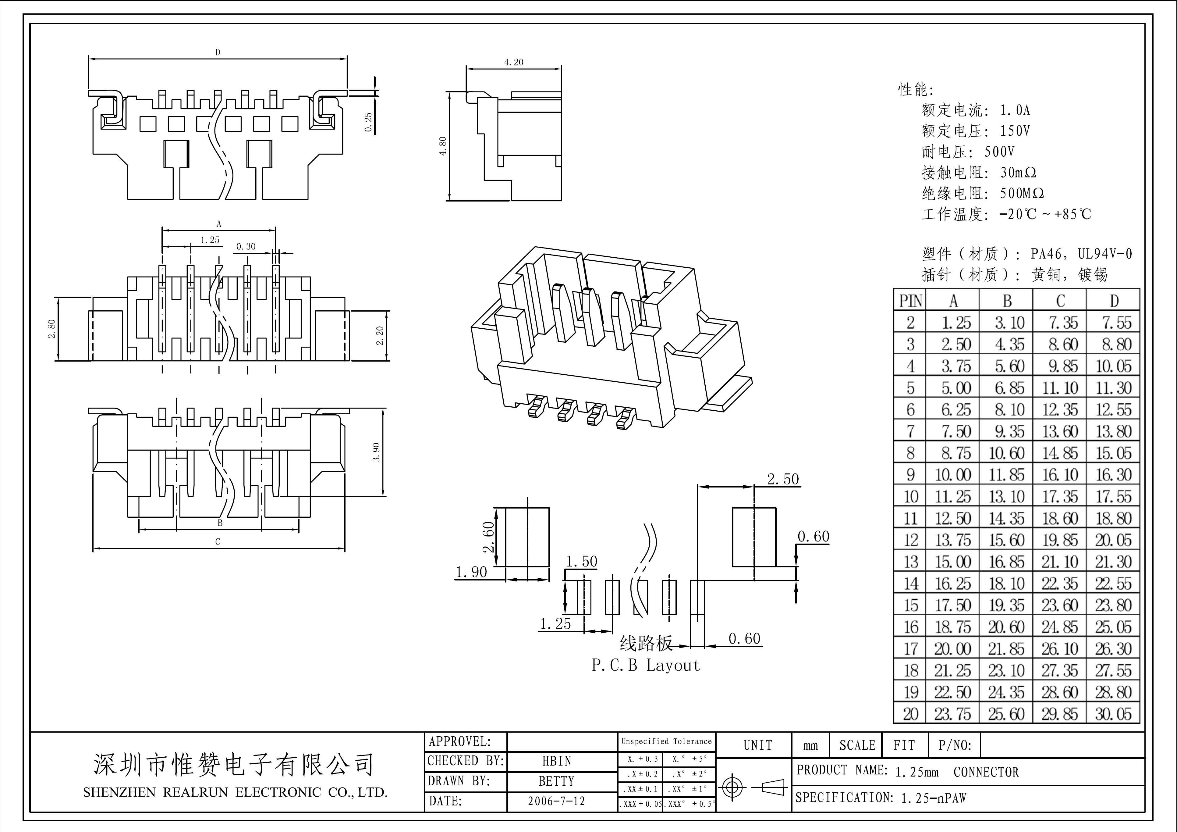 SMT Wafer Connector 2 Pin 2.54 Mm Wire To Board Connector 3A Current Rating