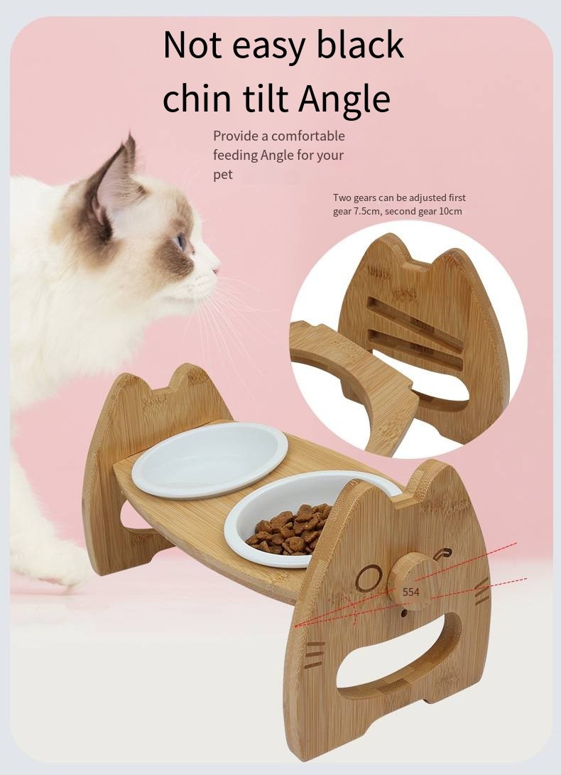 Bamboo Ceramic Bowl Cat Food Rack With Adjustable Height Double Pet Bowl Pet Supplies