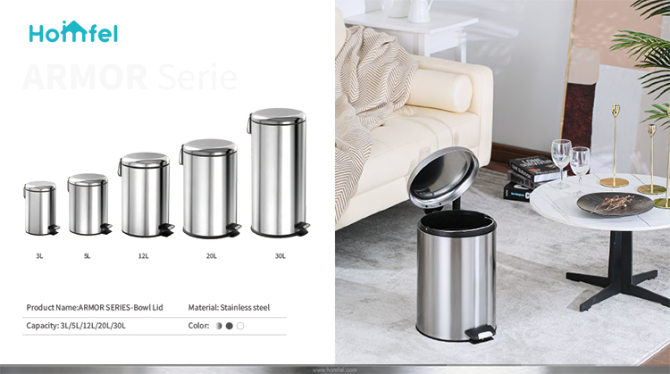 Kitchen Household Bowl Lid Trash Can With Soft Close Capacity 3L/5L/12L/20L/30L Stainless Steel Foot Pedal Structure