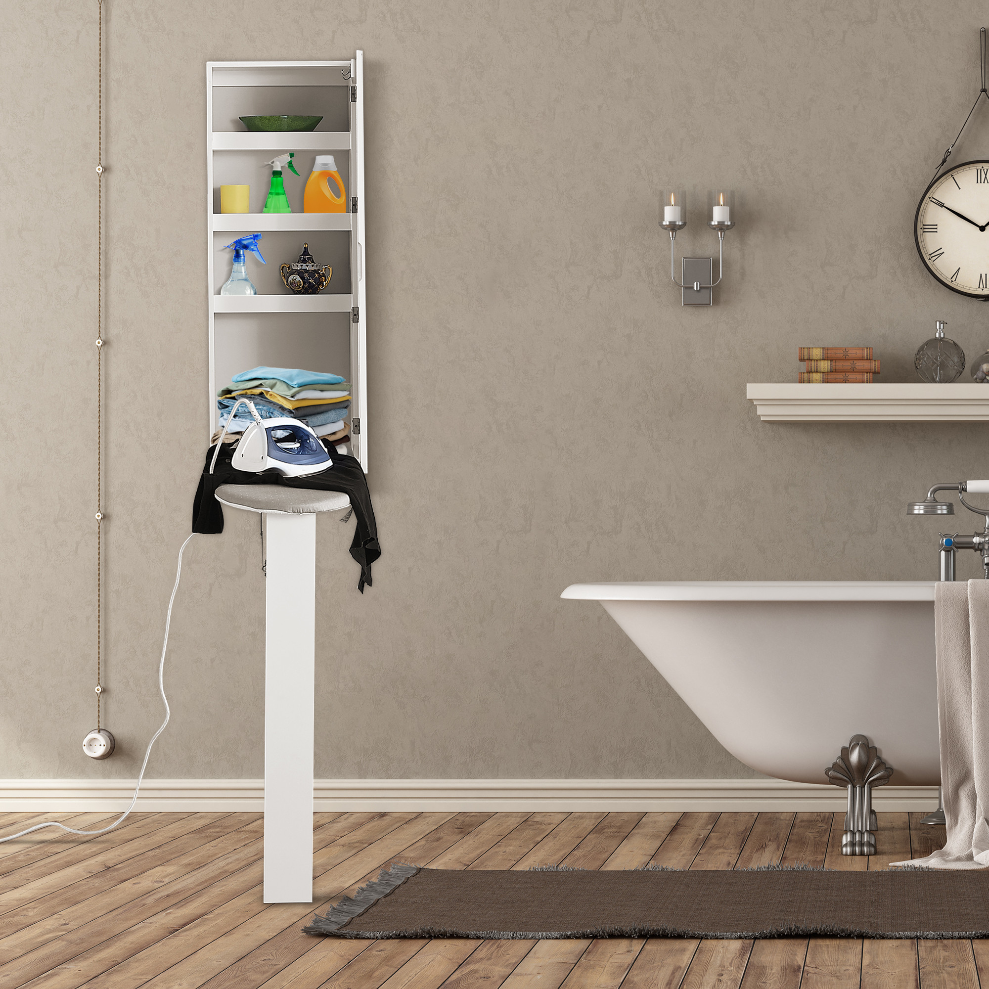 MDF Wood Wall Hung Mirror Cabinet Folding Build In Ironing Boards Inside