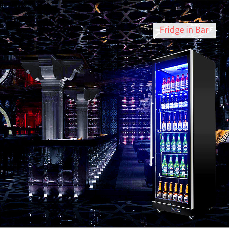 220V-240V Vertical Display Fridge , Multicolor LED Upright Glass Door Chiller