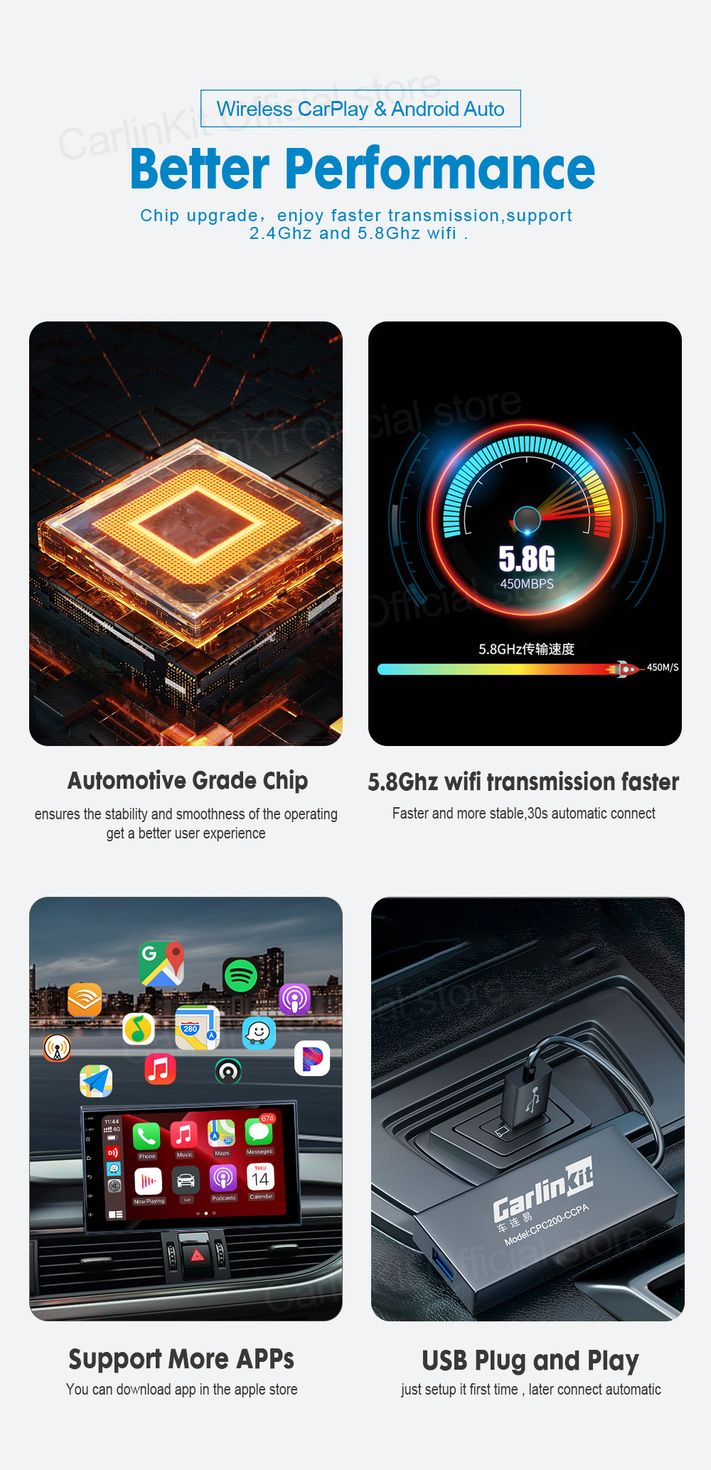 High Speed Android 4.4+ to Wireless Carplay Android Auto USB Dongle Streaming Box CPC200-CCPA