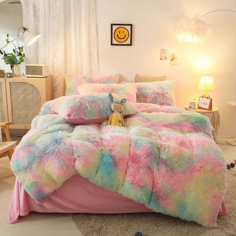 Blue Tie Dye Gradient Shaggy Warm Mink Velvet Duvet Bedding Set for Winter 500TC Gifts