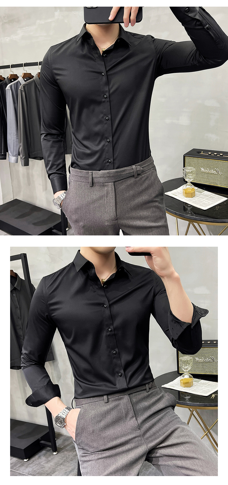 1000 Fashion Autumn Solid Color Long Sleeve Dress Men Clothes Shirts For Men Slim