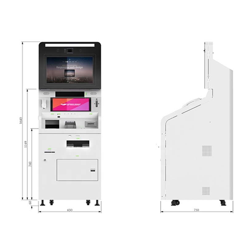 Bank video teller machine kiosk for card dispense money deposit withdraw transfer service