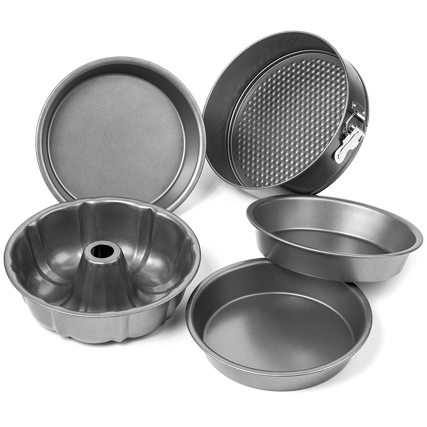 5 Piece Nonstick Cake Pans Set with 9 Inch Round Cake Pans, 9 Inch Spring form Cake Pan and 10 In Bundt Cake Pan