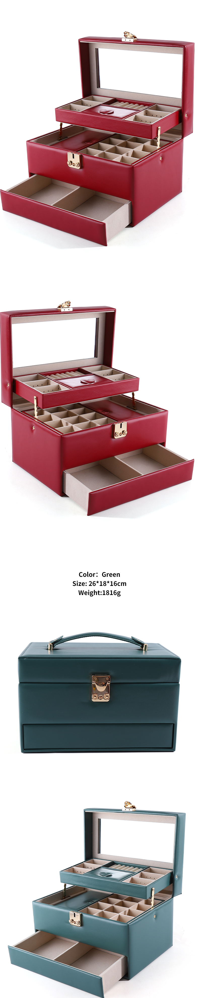 Portable PU Leather Travel Jewelry Drawer Organizer Box With Mirror Multi Function