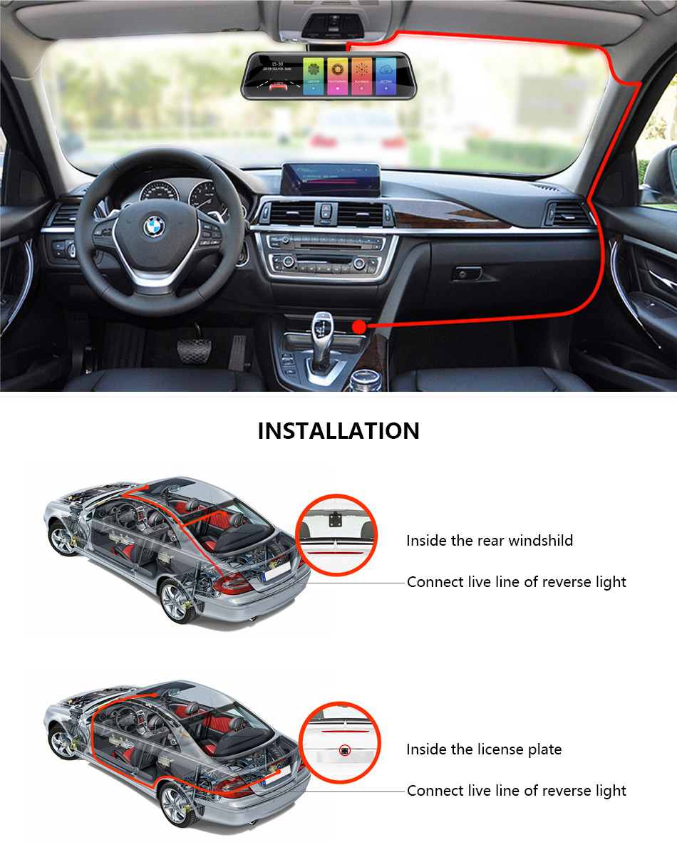 10" Right Lens Vehicle Blackbox DVR Full HD 1080P fHD Touch Screen Stream Media