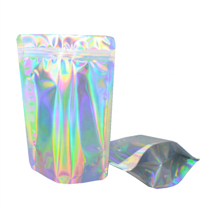 Stand Up Holographic Zipper Packaging Bag Flat Pouches Small Laser Zip Lock Plastic Bags