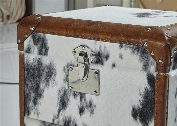 Vintage Style Leather Storage Trunk Cow Leather Fur Material 1 Drawer Top Genuine Handle