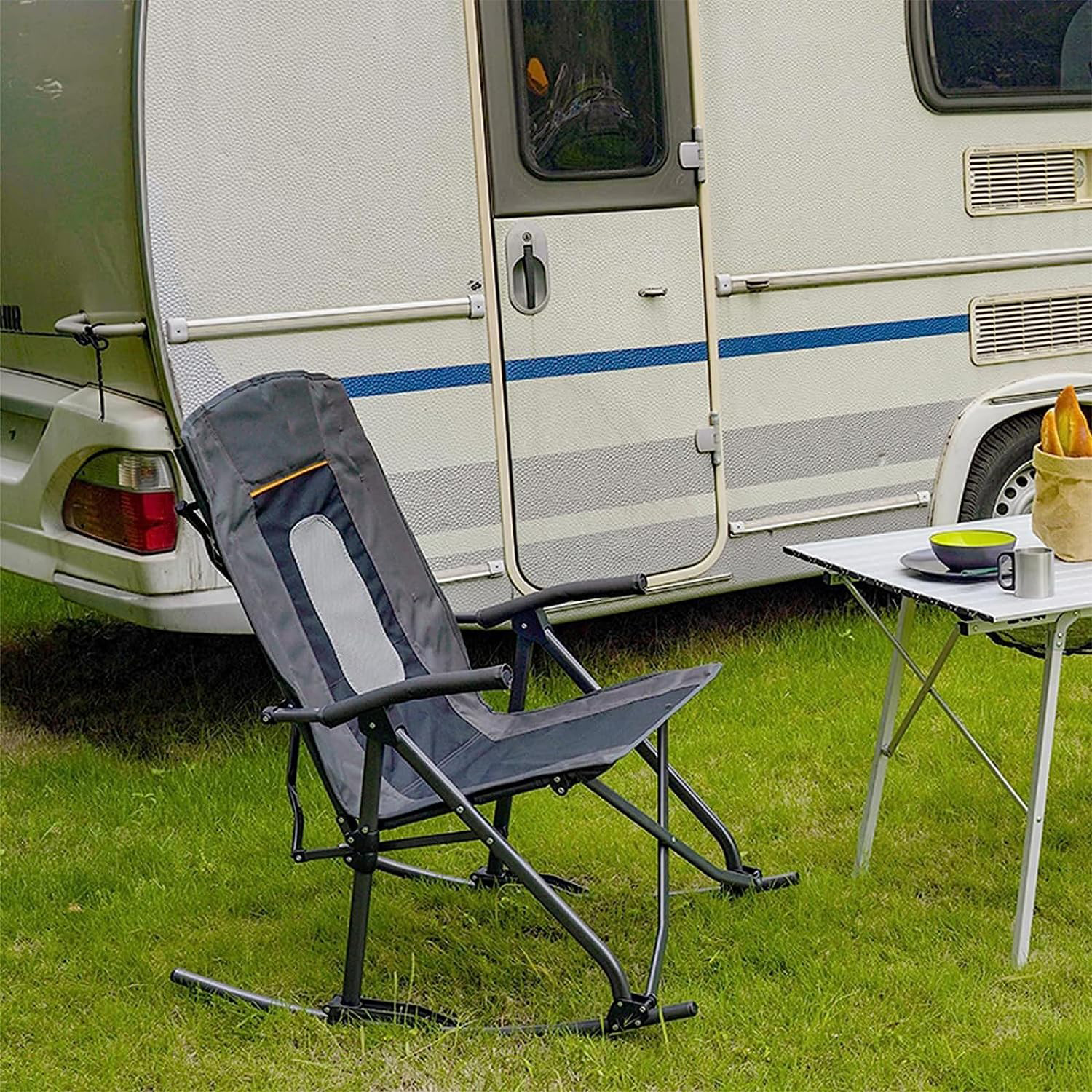 Portable Outdoor Camping Chair with High Back and Hard Armrests Supports 130kg Black Mesh Back