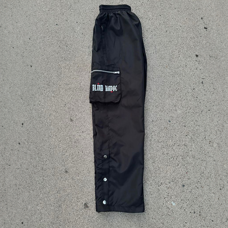 Custom Nylon Screen Print Outdoor Cargo Pants Windbreaker Lightweight Zipper Pocket Sweatpants Side Hem With Button up Collar