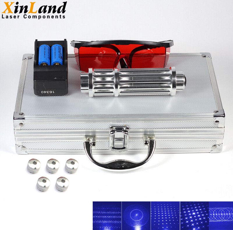 450nm 1000mW High Power Blue Laser Pointer Pen with Five Tips Twinkling Star Pattern Silver Aluninum