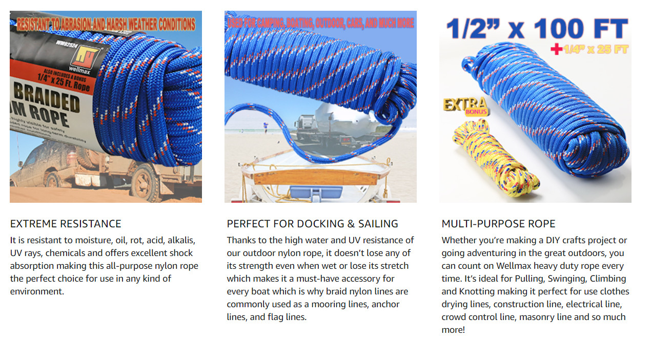 Diamond Braided Nylon Rope 32 Strands 1/2in 100FT UV Resistant