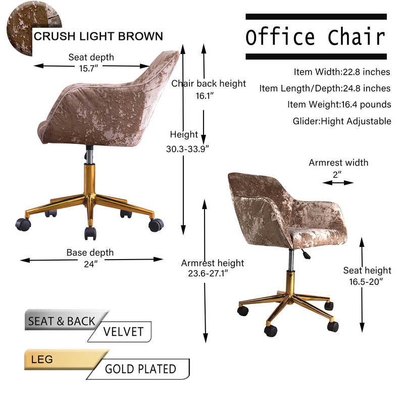16.4 Pounds Home Office Desk Chair / H16.93" Grey Velvet Office Chair With Arms