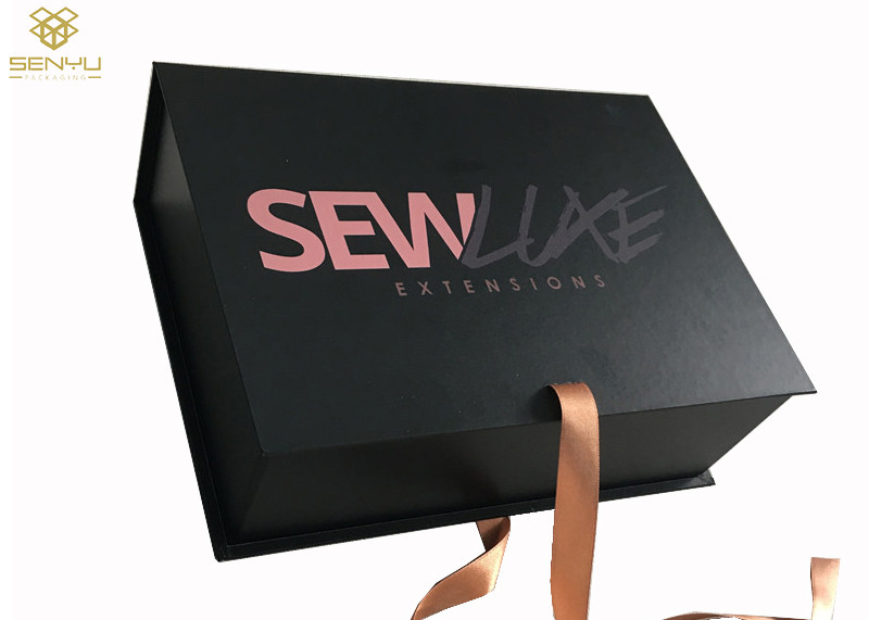 Black Cardboard Gift Box Packaging / Magnetic Folding Packaging Boxes For Hair Extension