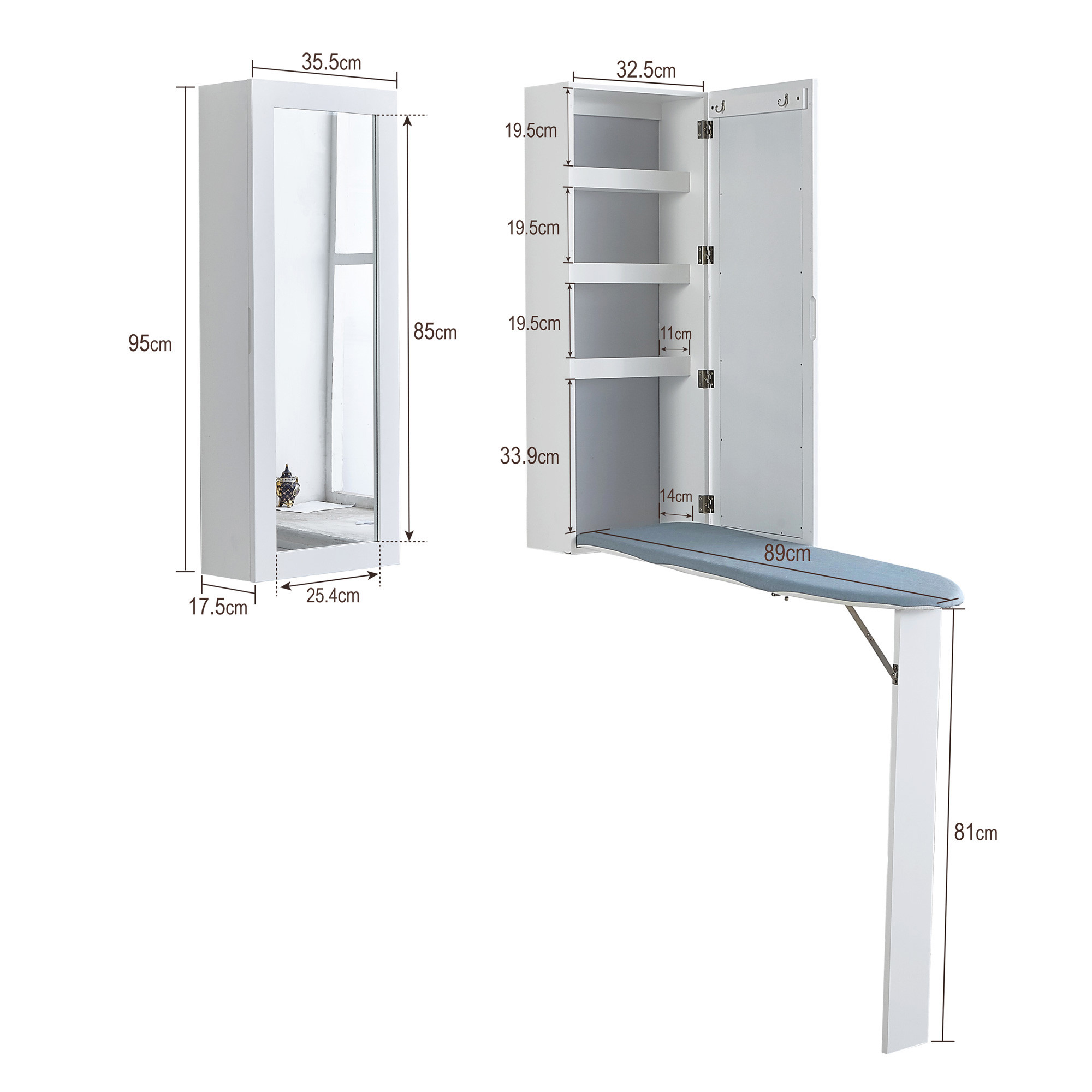 MDF Wood Wall Hung Mirror Cabinet Folding Build In Ironing Boards Inside
