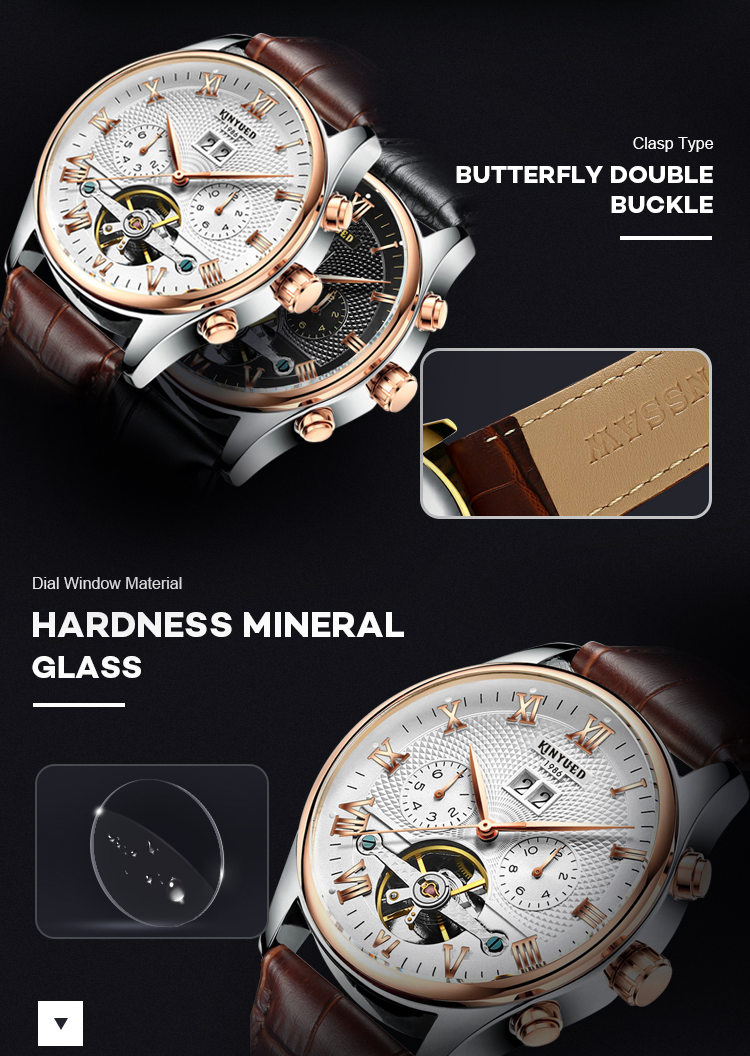 Charm 3ATM leather strap skeleton automatic mechanical men wrist tourbillon watch