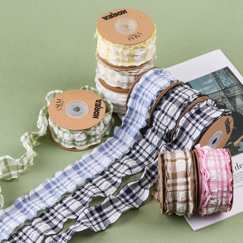Korea Lattice Blue And White Gingham Ribbon 38mm Polyester Pink Tartan Ribbon