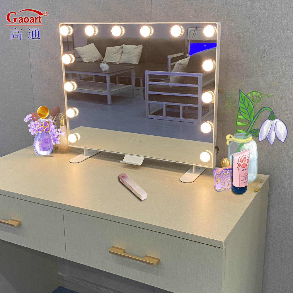 Customizable Metal and Glass Mirror Hollywood Makeup Vanity with Chrome LED Light Bulbs