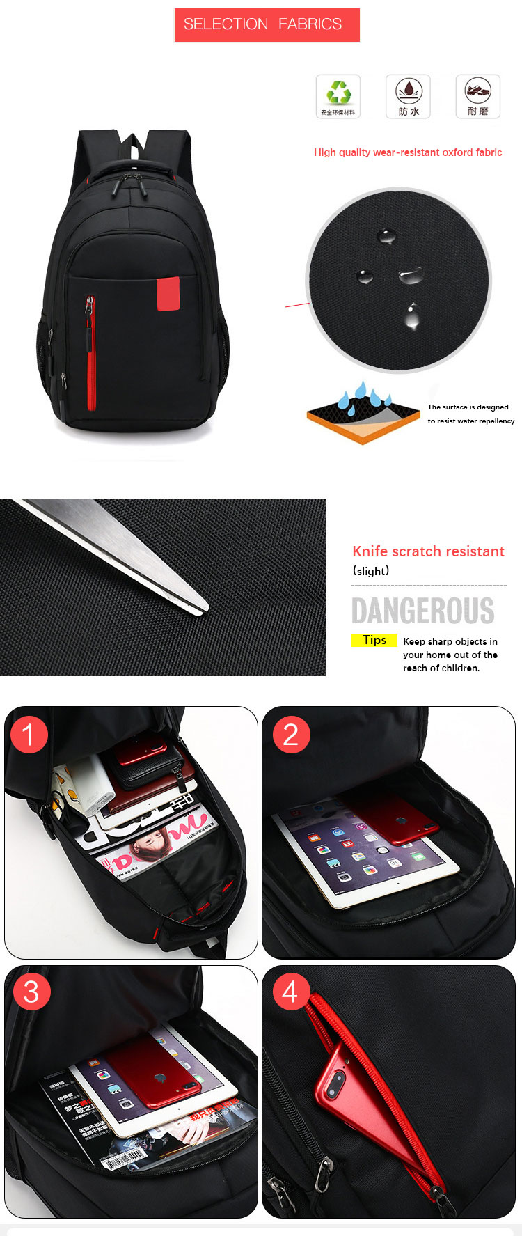 Private Label Waterproof Backpack With Laptop Pocket , Oxford Unisex Travel Backpack