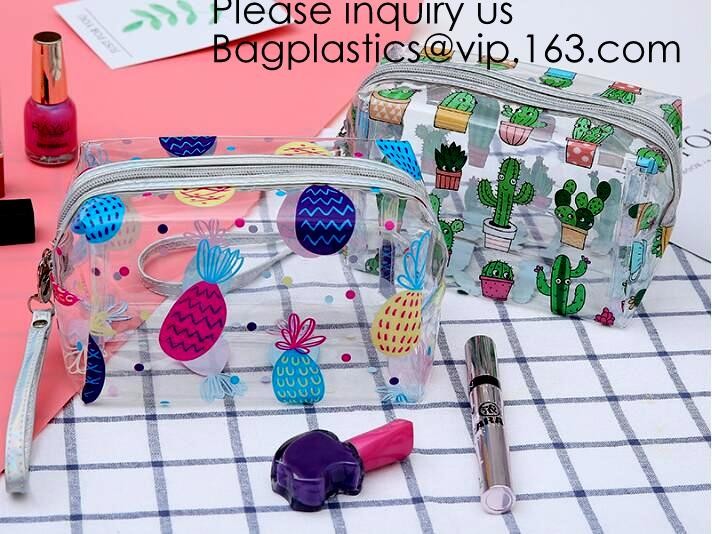 Clear Zipper Pouch with Strap Makeup Bag PVC Cosmetic Pouch,Printing Clear k Cosmetic PVC Pouch, bagease, bagplast