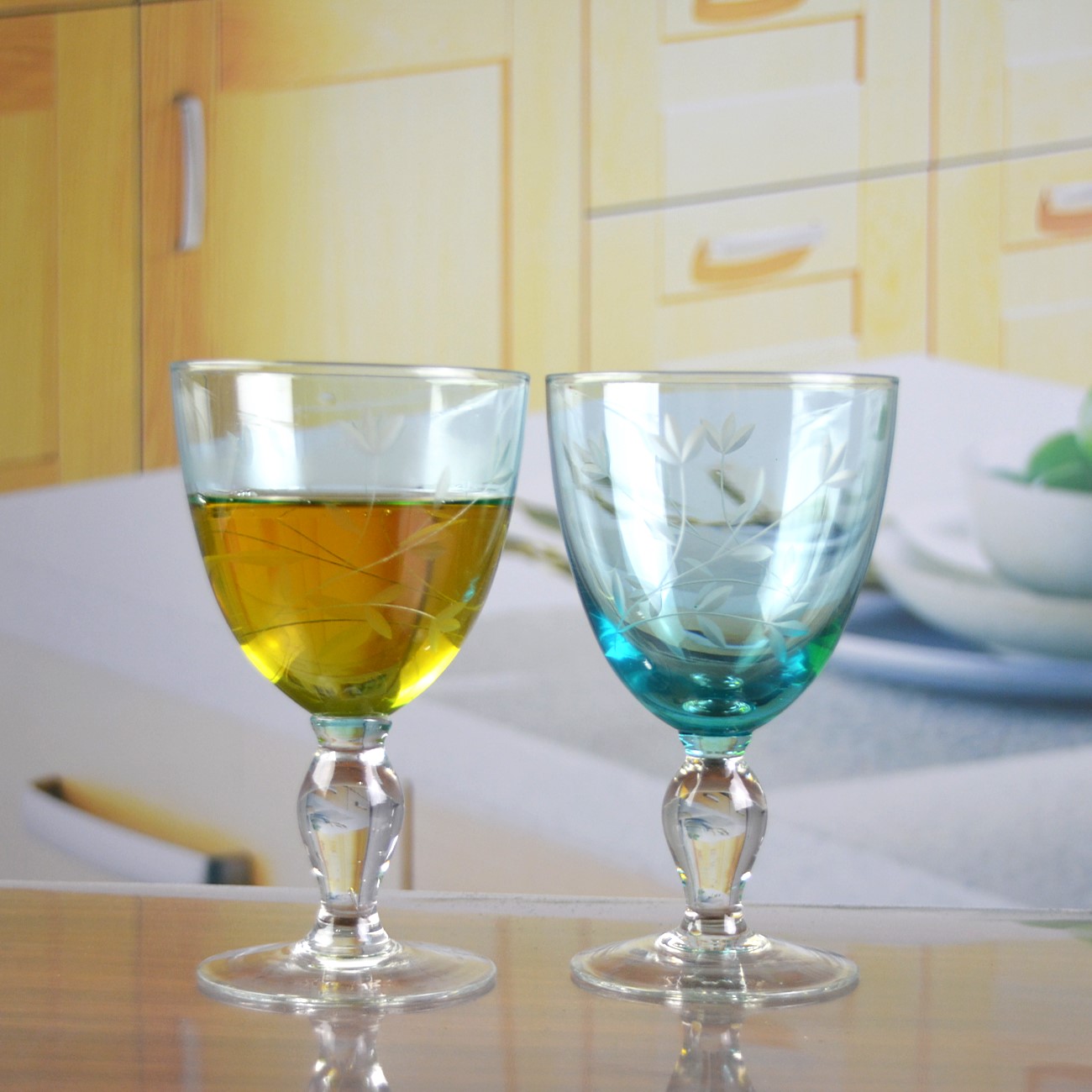 Vintage Scandinavian Style Engraved Turqoise Crystal Wine Glass , Clear Goblet Glasses
