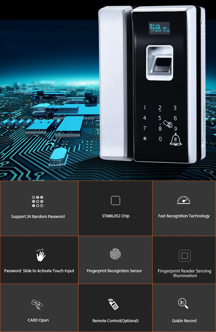 RF Card Biometric Glass Door Lock Semiconductor Sensor Big Data Capacity