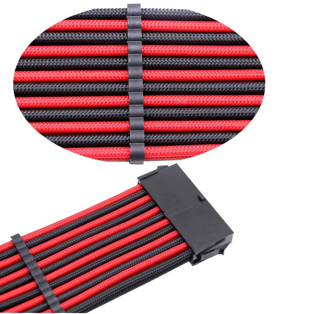 OEM PC extension cord 90 degree 24-pin red and black braided cord cotton mesh 24p 16AWG 30CM extension cord