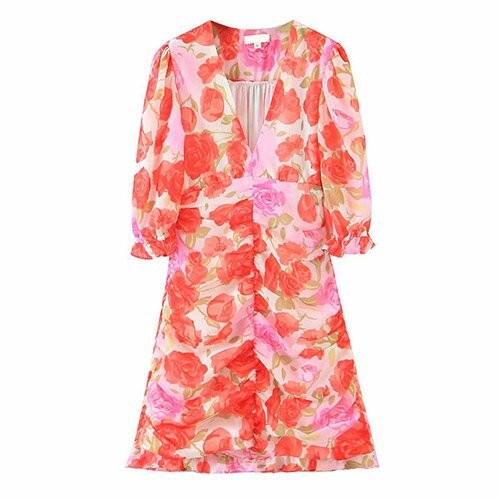 OEM maufactory Oil Painting Rose Printed Pleated V Neck Polyester Short Sleeve Dress