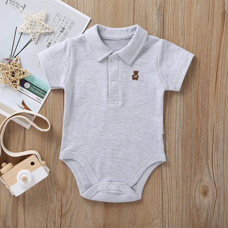 Custom LOGO Color Cute baby Short Sleeve Short romper Lapel Neck litter bear logo print polo baby bodysuit with Snap But