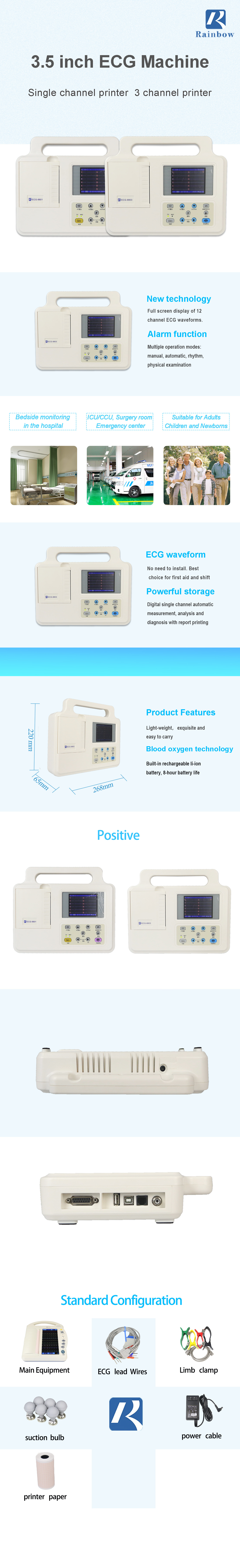 Portable 3.5 Inch Multi Channel ECG Machine With Diagnosis Light Weight